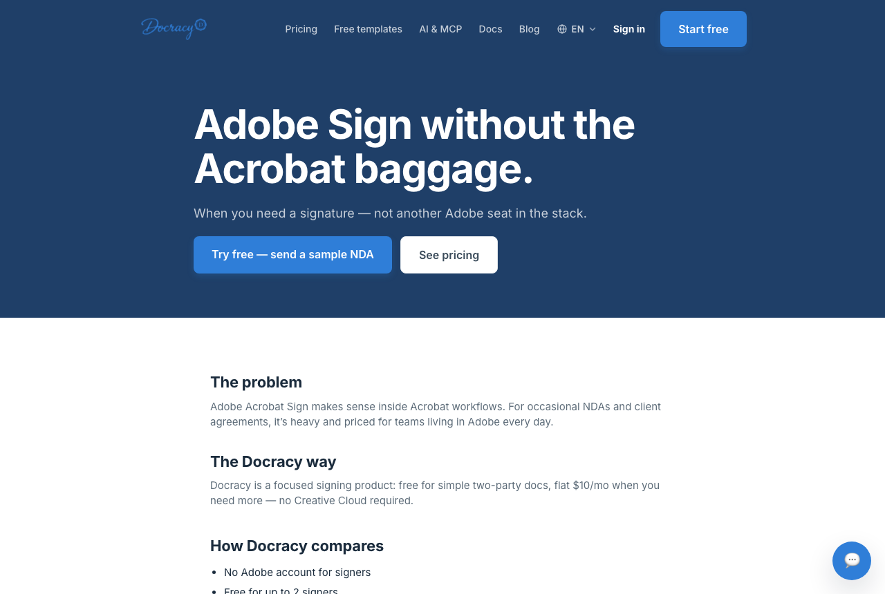 Docracy's comparison page for adobesign