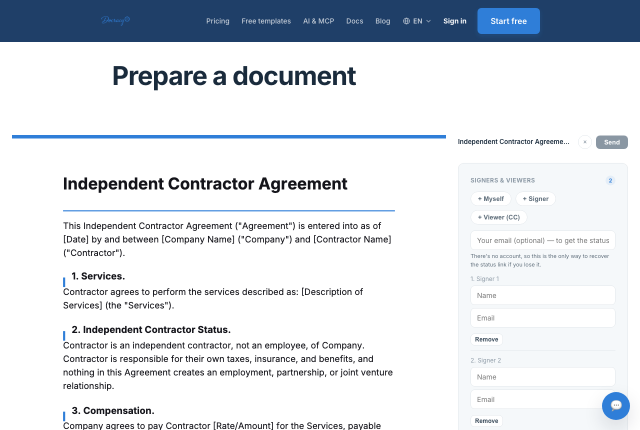 A contract template loaded in Docracy's document editor