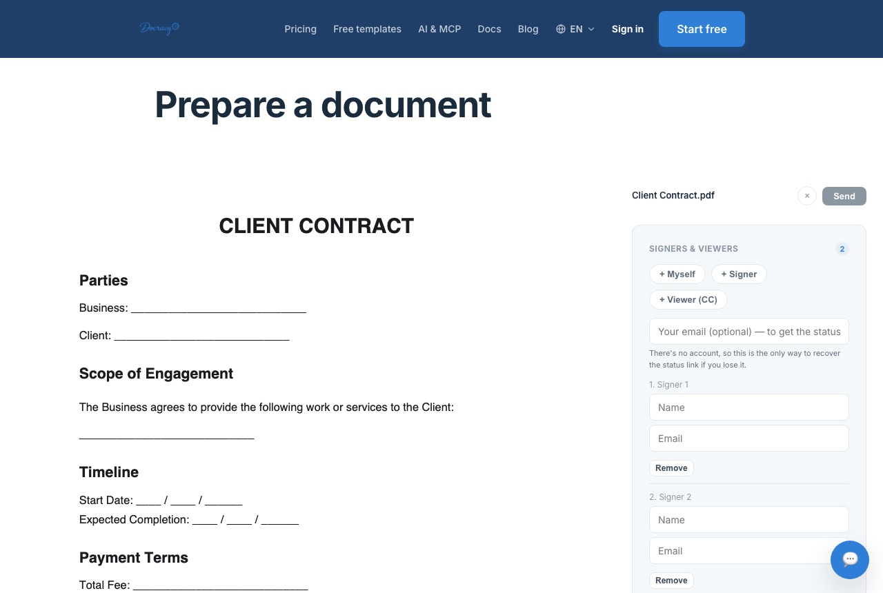 A contract template loaded in Docracy's document editor