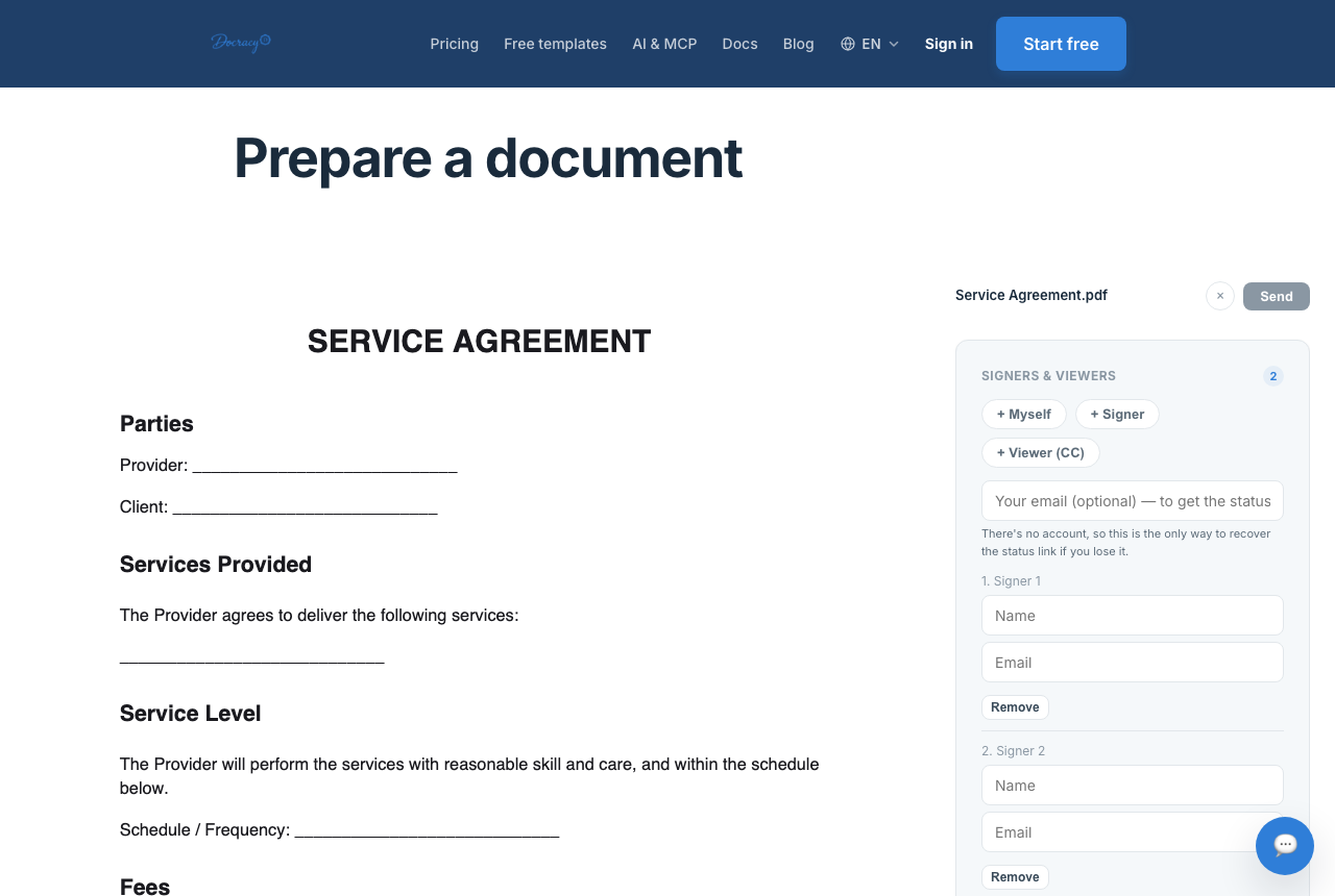 A contract template loaded in Docracy's document editor