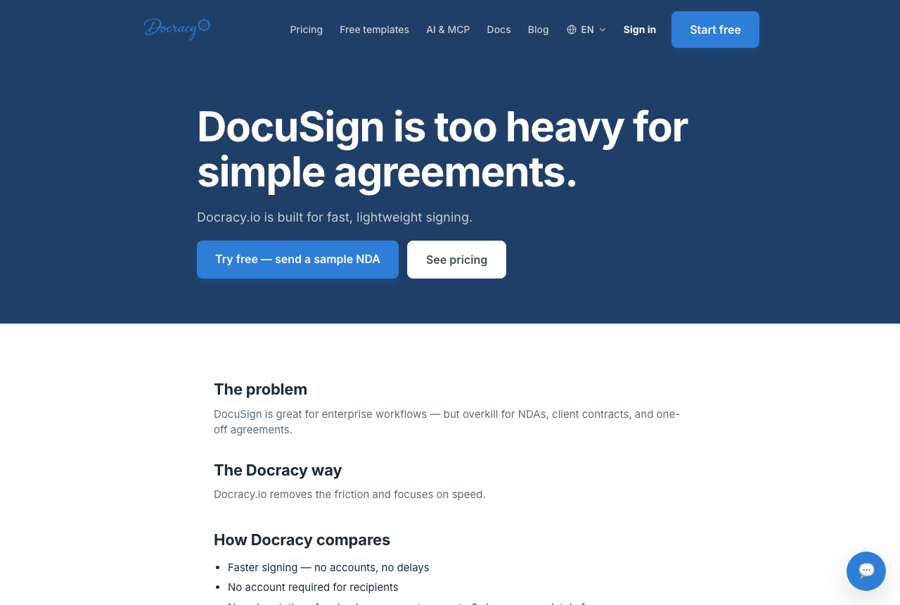 Docracy's comparison page for docusign