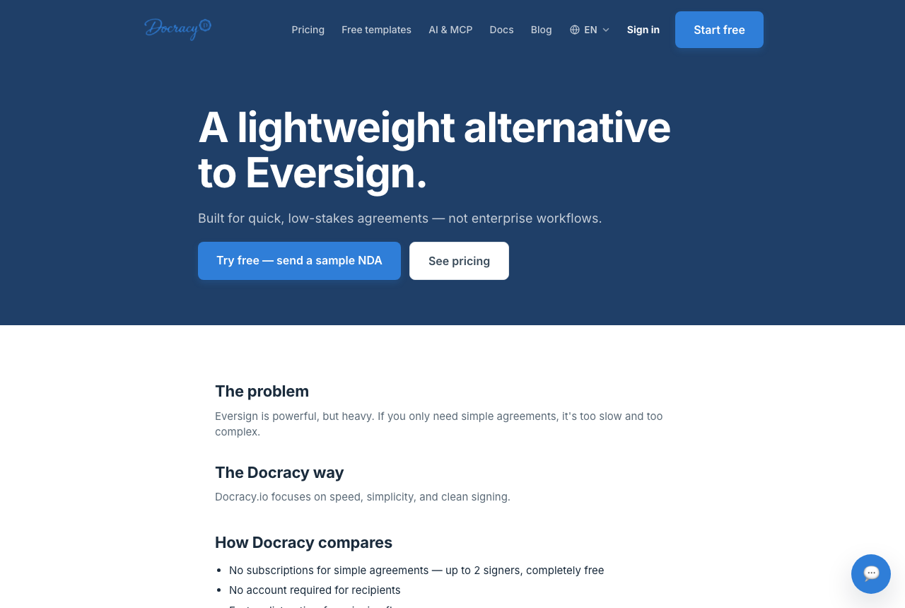 Docracy's comparison page for eversign