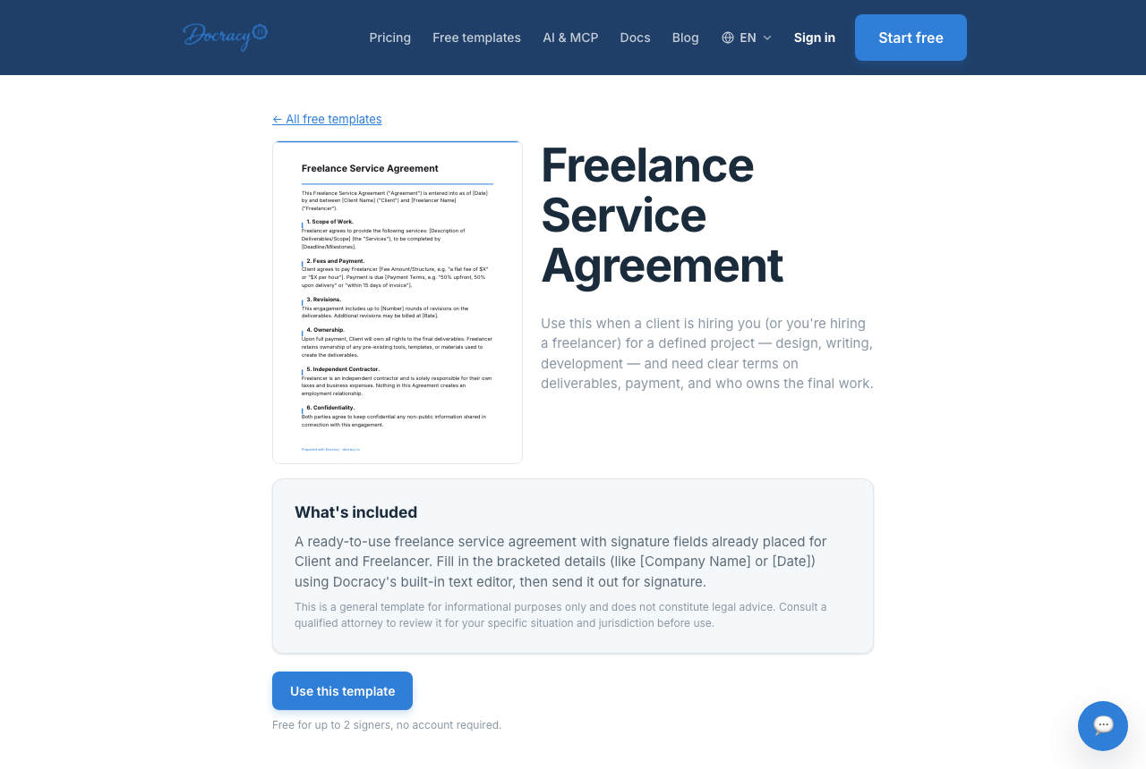 A free freelance-relevant template in Docracy's template library