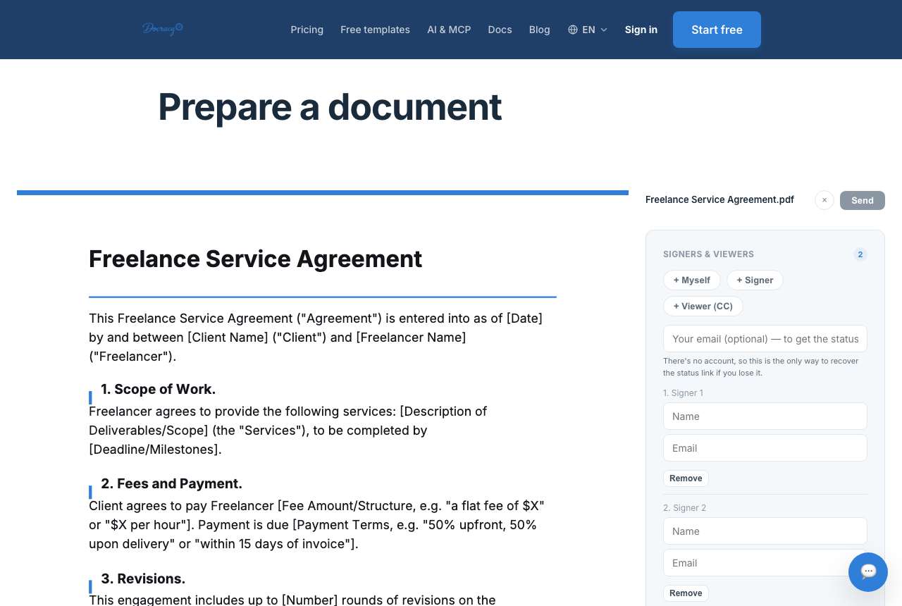 A free freelance-relevant template in Docracy's template library