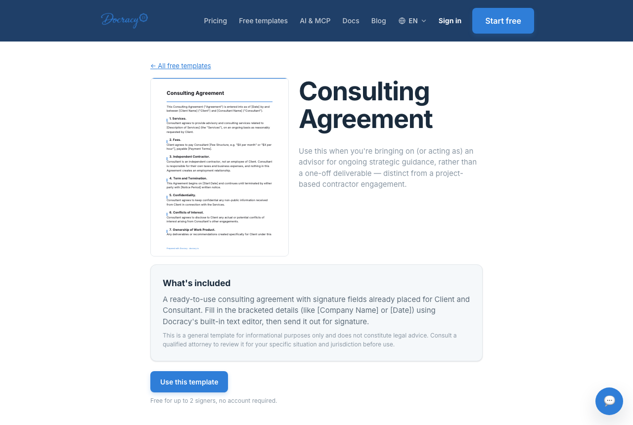 A free freelance-relevant template in Docracy's template library