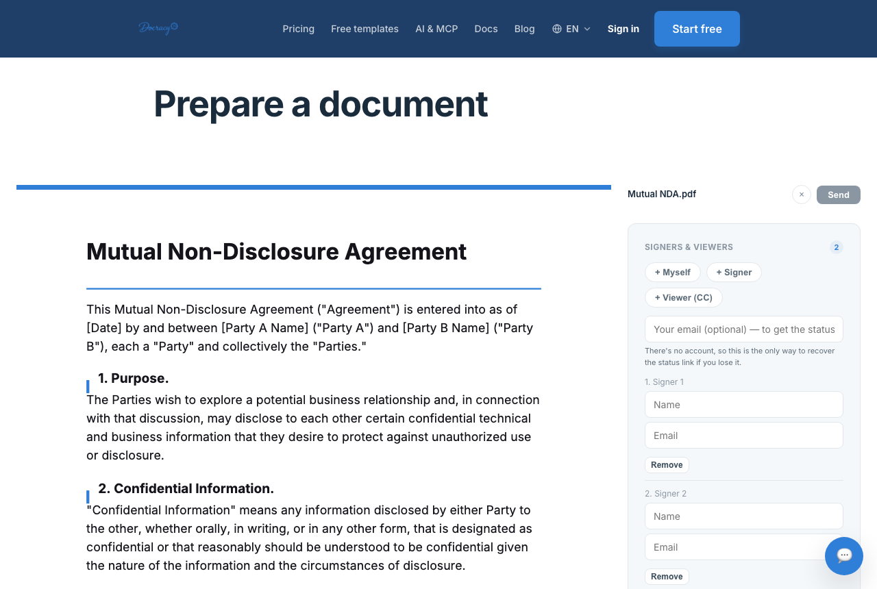 A mutual NDA template loaded in Docracy's document editor