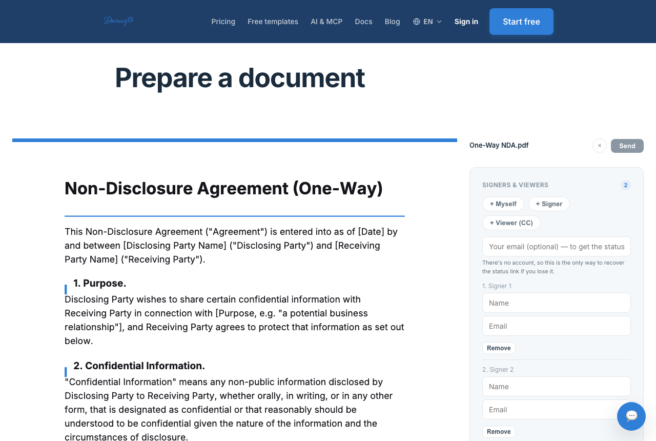 A mutual NDA template loaded in Docracy's document editor