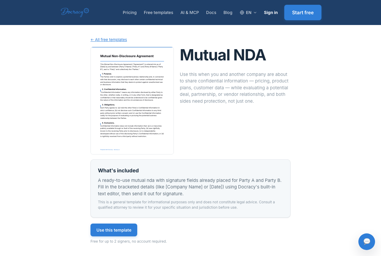 A mutual NDA template loaded in Docracy's document editor