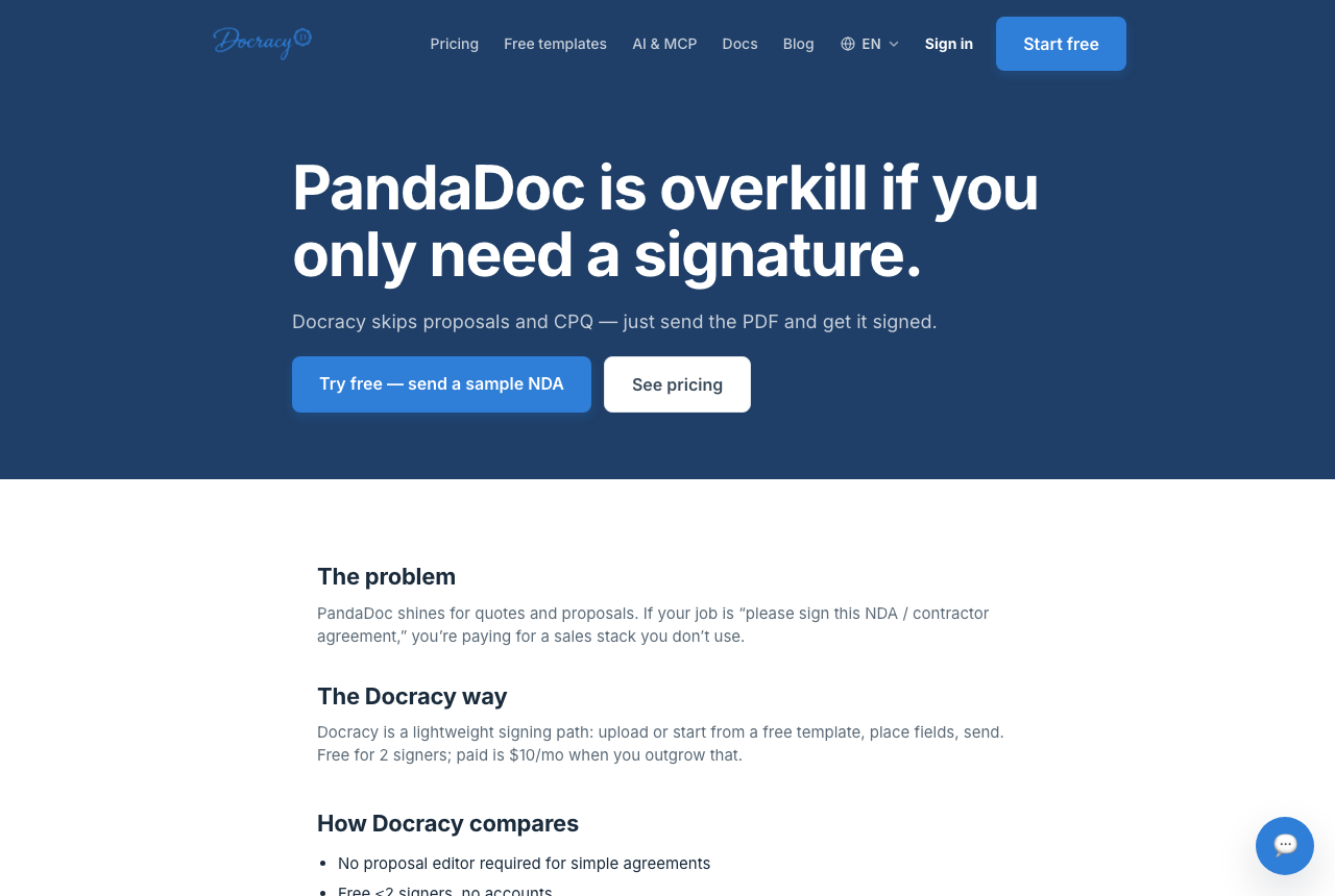 Docracy's comparison page for pandadoc
