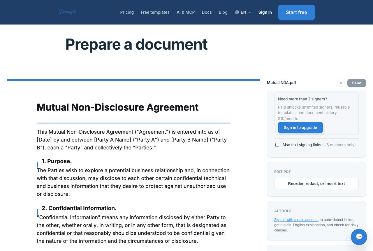 Docracy's AI tools panel for contract review