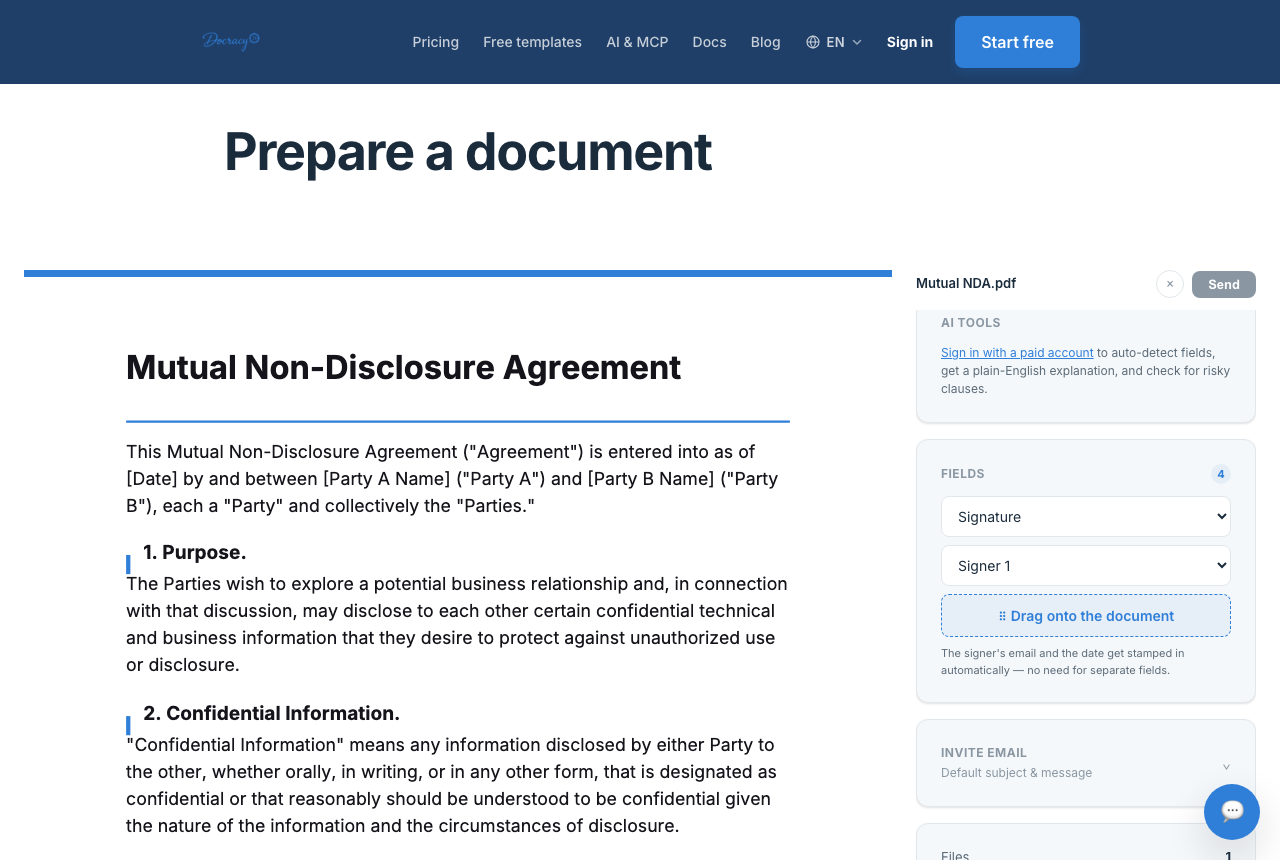 Placing or completing a signature field on a document in Docracy