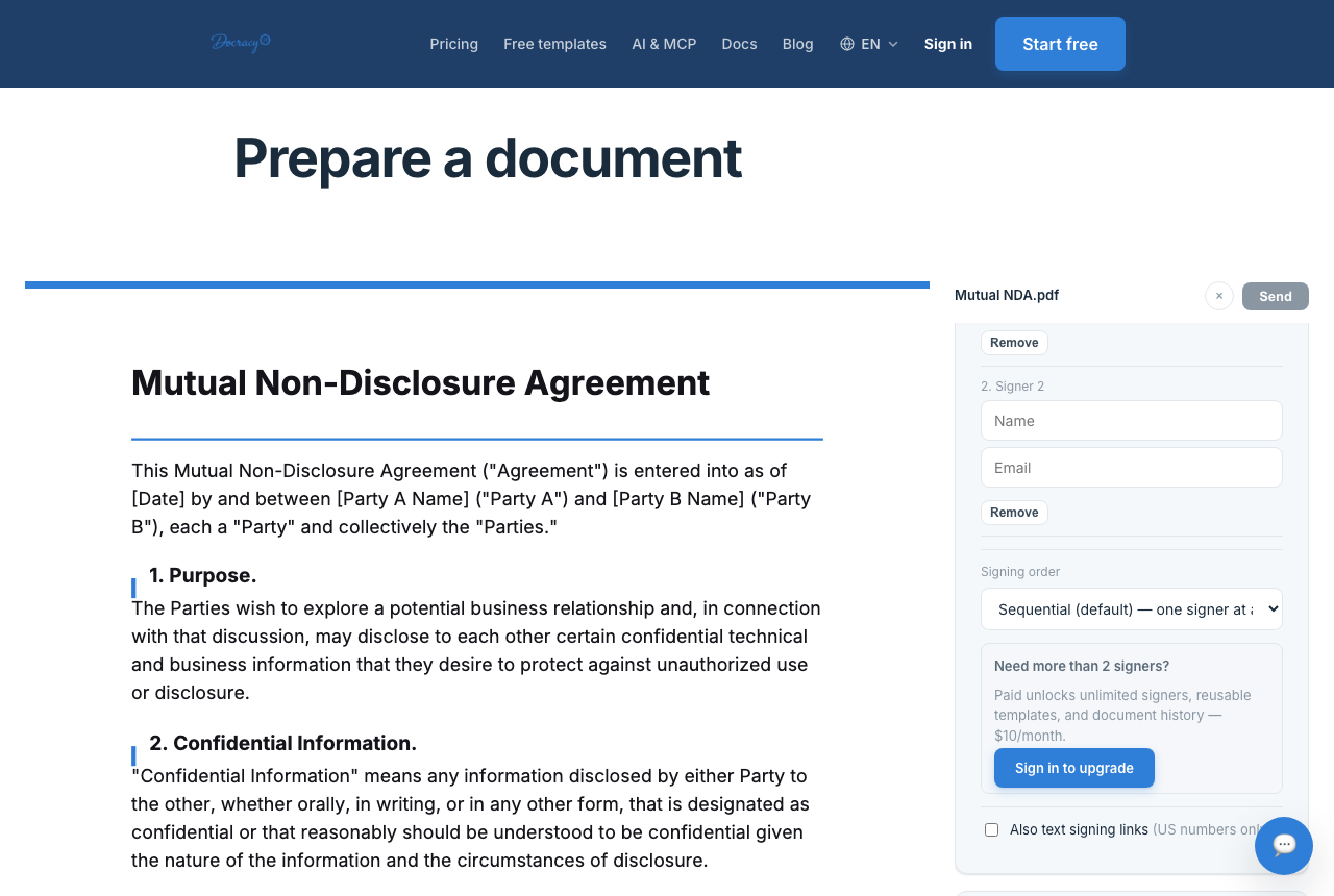 Placing or completing a signature field on a document in Docracy