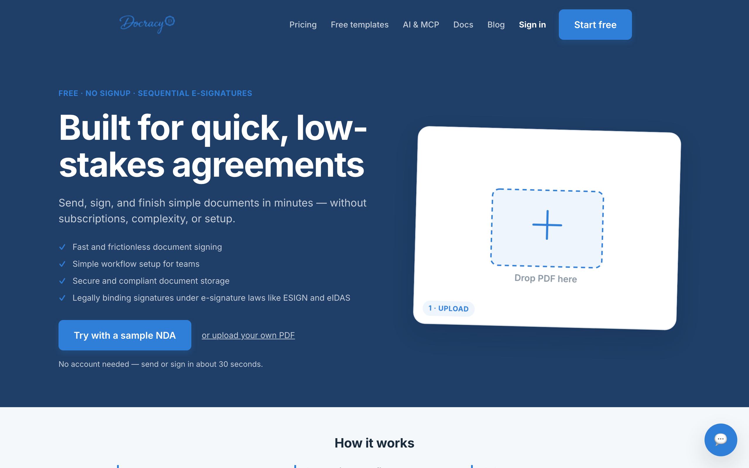 Docracy homepage with Drop PDF here upload area — start without signing up