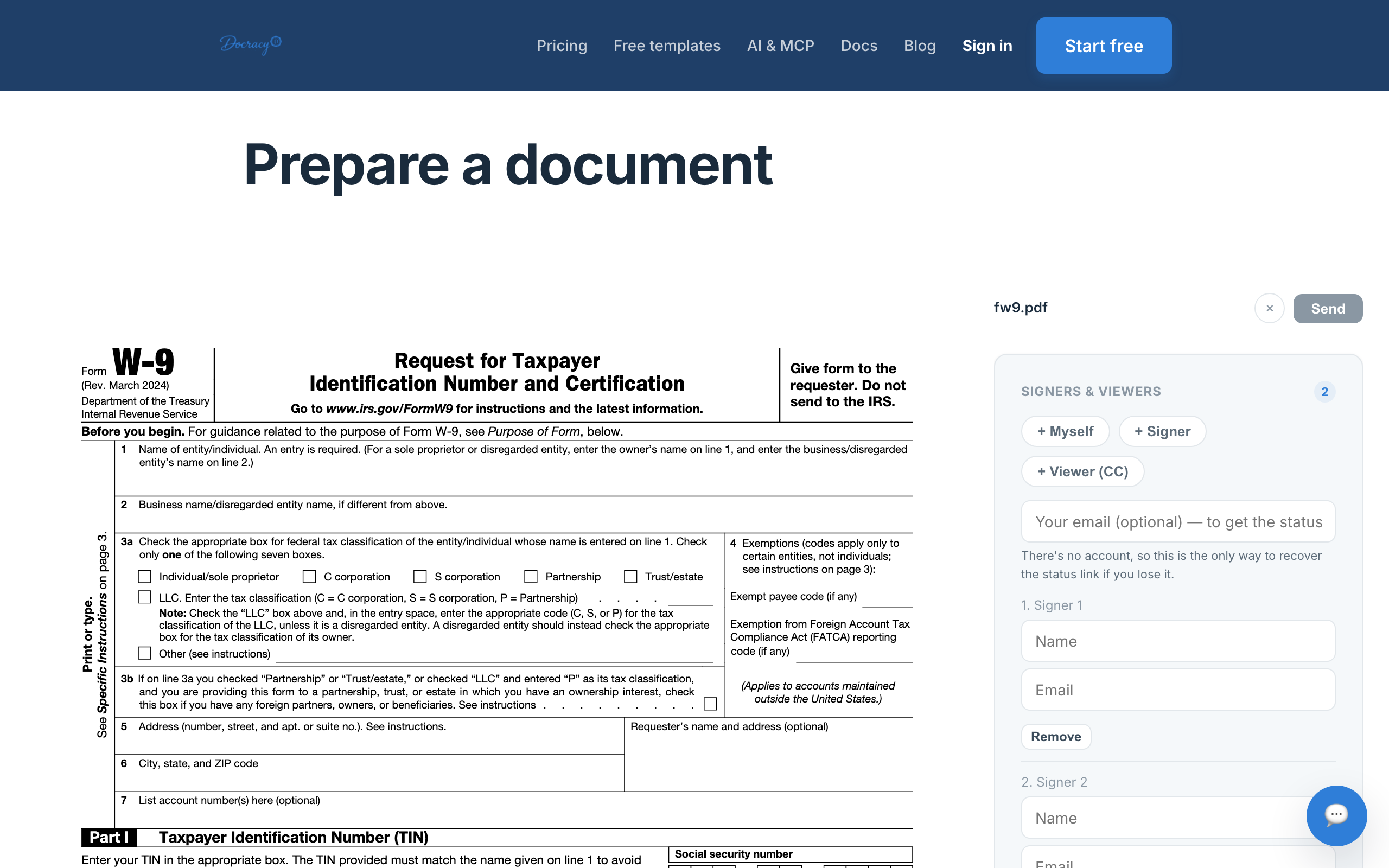 Docracy Prepare screen showing an uploaded IRS Form W-9 PDF preview