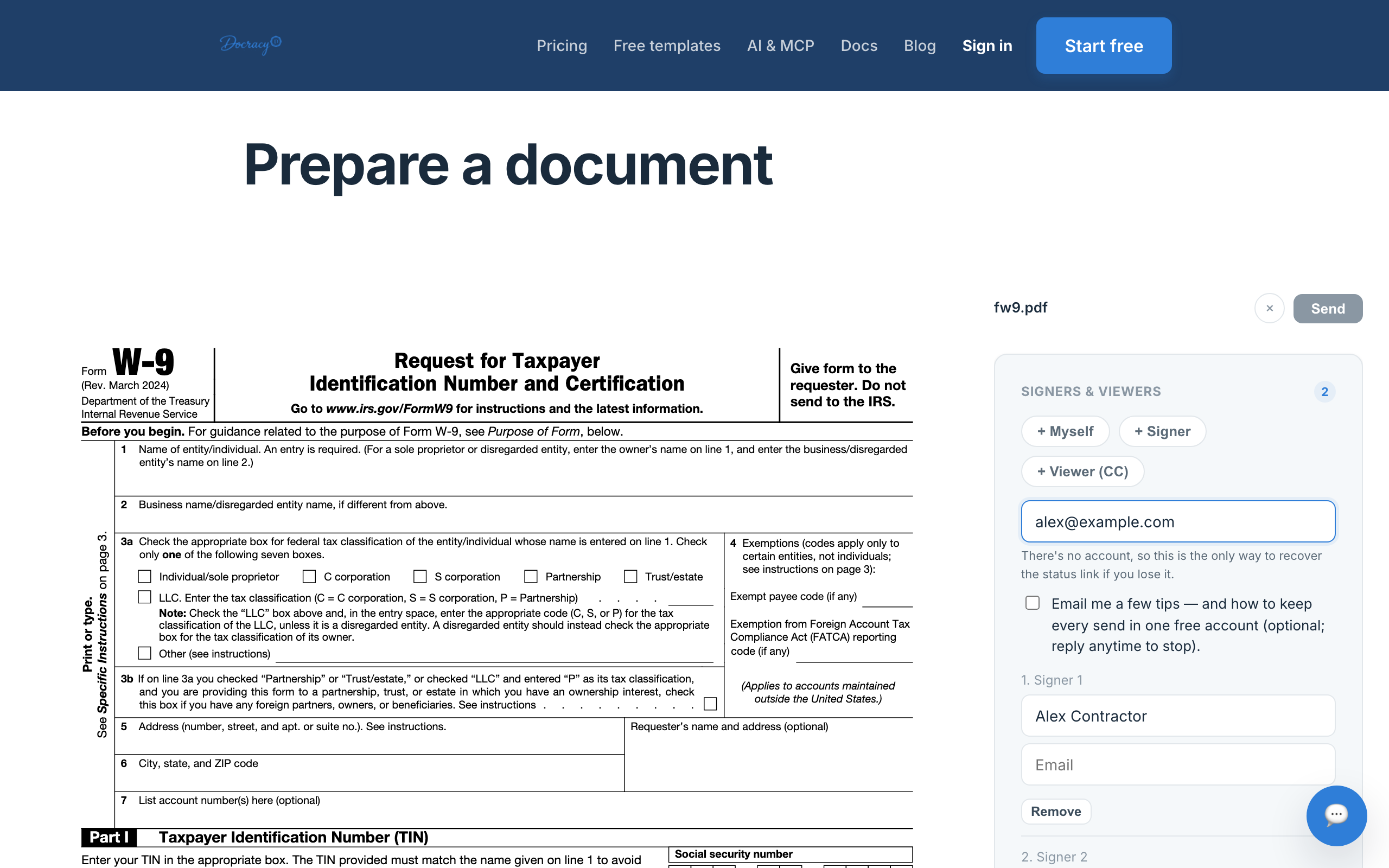 Docracy prepare sidebar with signer name filled for a W-9 form